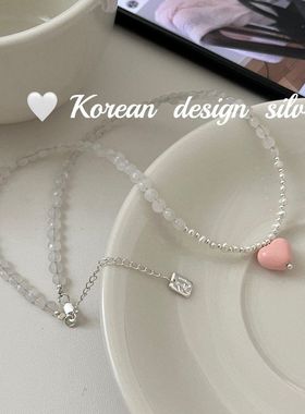 韩国2024新款手工饰品 S925纯银粉色爱心白玉项链秋冬毛衣链女ins
