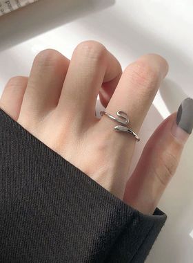 S925纯银蛇形戒指女冷淡风百搭潮动物开口调节指环戒网红首饰