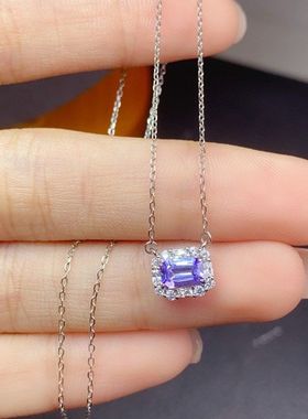 天然坦桑石项链主石4x6mm全净体品质火彩超赞925银镶嵌