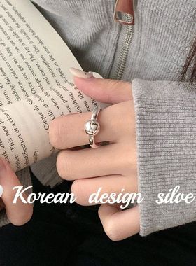 韩版简约ins风银饰品 S925纯银重工实心圆珠戒指可调节戒指叠戴女