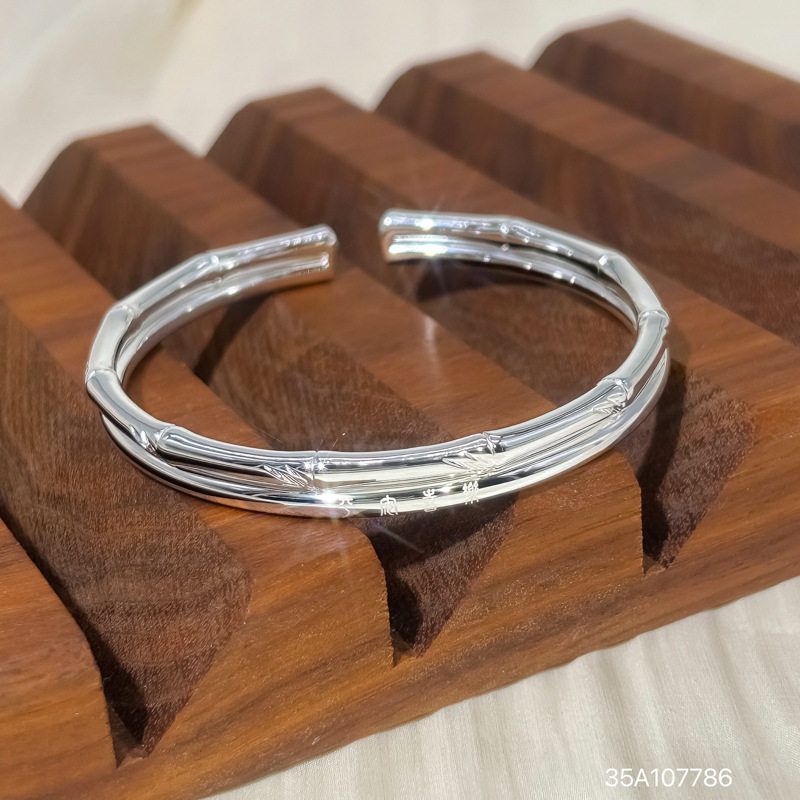 9999纯银手镯女小众双环竹节平安喜乐手环个性百搭手饰送女友礼物