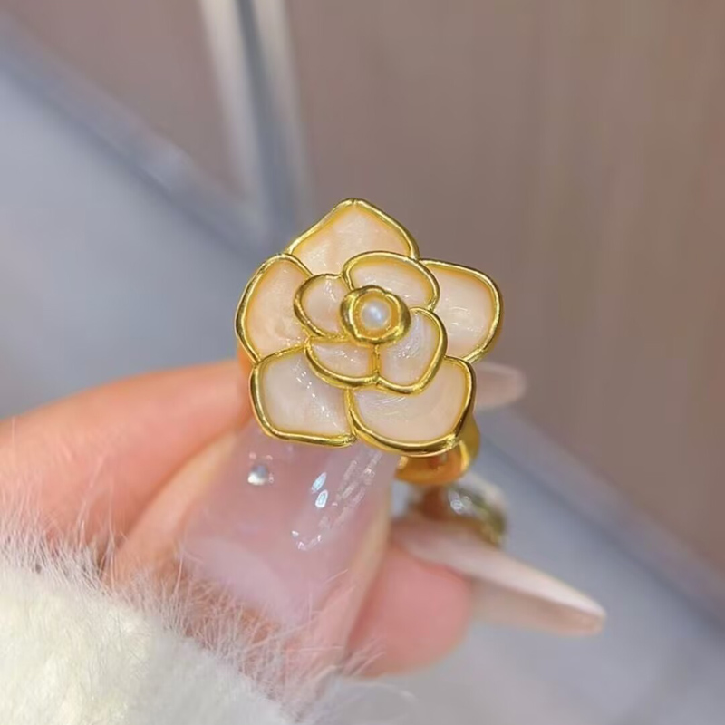 黄金山茶花女戒指999足金珍珠女戒气质时尚送女友食指戒指大气