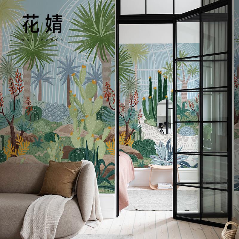 北欧墙布植物园电视背景墙定制壁画仙人掌墙纸餐厅卧室无纺布壁纸