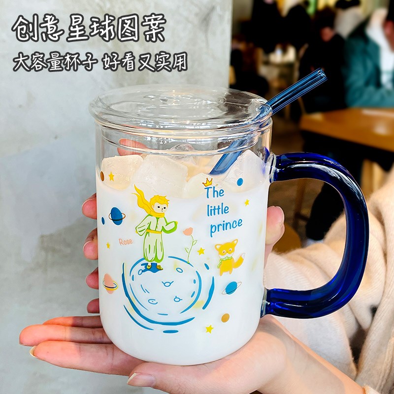 耐热玻璃杯学生可爱喝水杯大容量卡通把手吸管杯带盖牛奶饮料杯子