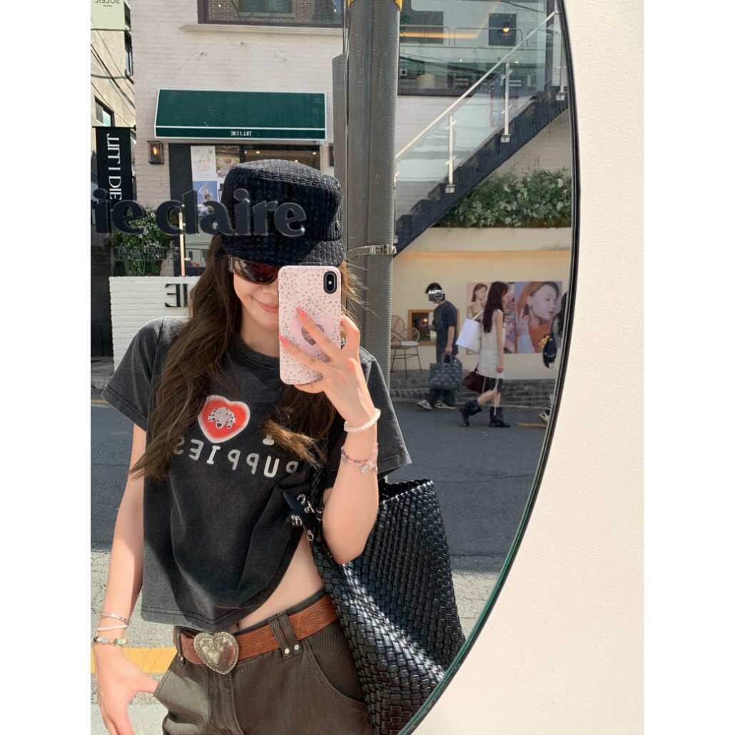 美式甜心辣妹风~爱心狗狗印花正肩修身做旧黑圆领短袖女T恤上衣夏