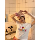 T恤女上衣短袖 顽季 夏 爱心字母贴布刺绣修身 正肩短款 果 韩国ins风