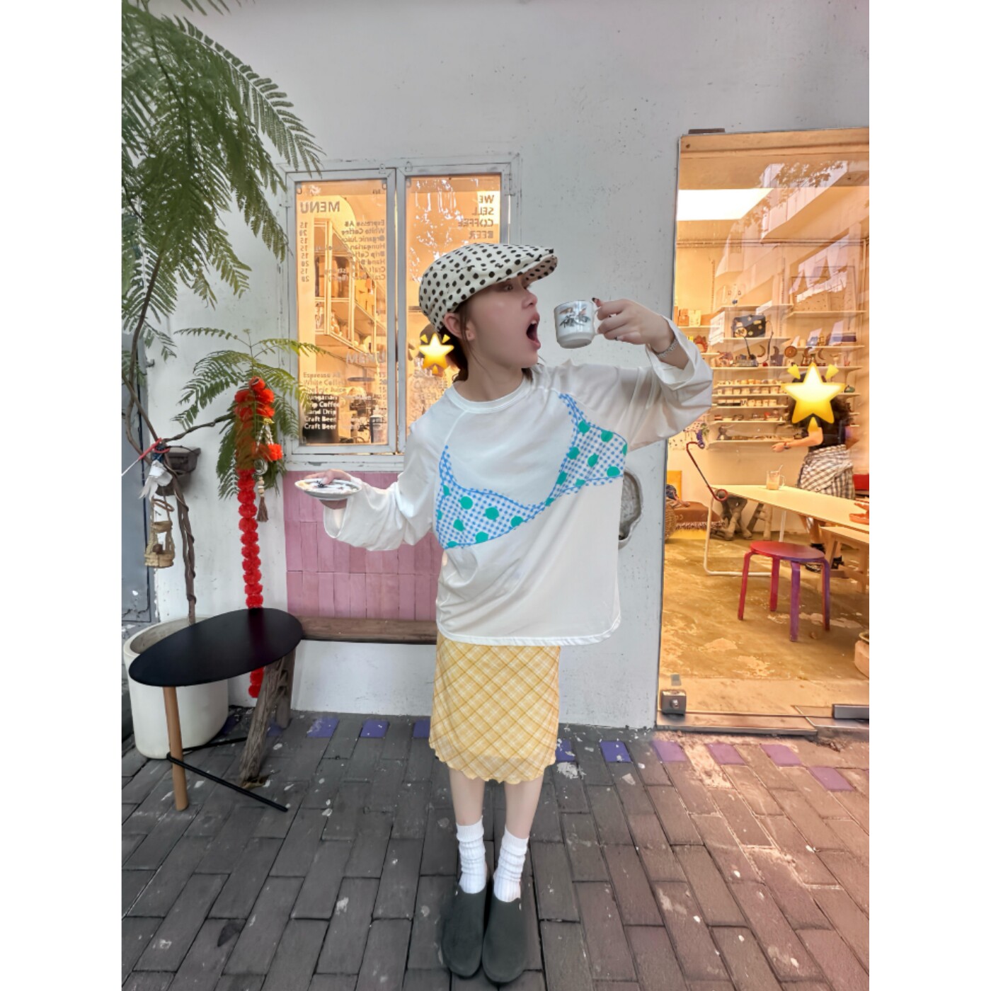 初秋趣味氛围感~比基尼波点印花宽松休闲圆领罩衫/纯棉长袖女T恤