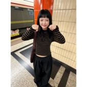 内搭长袖 日常打底穿搭 纯棉撞色条纹圆领休闲显瘦修身 T恤女上衣