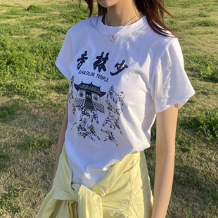 美式国潮复古夏季圆领正肩少林寺创意图案短款t恤短袖纯棉女上衣