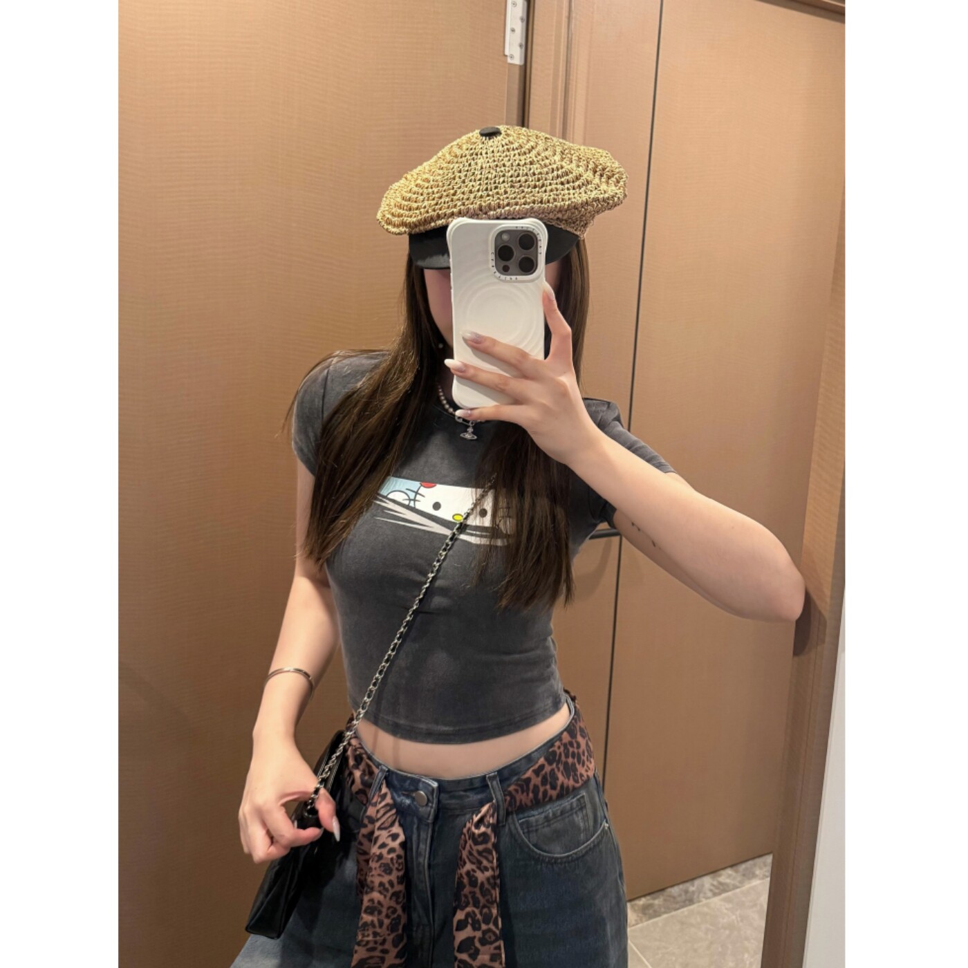 美式复古风 卡通猫咪印花短袖T恤女夏季甜酷做旧修身正肩圆领上衣