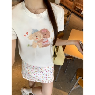 女上衣夏 韩系ins 卡通小狗印花正肩短袖 t恤可爱减龄短款 圆领修身