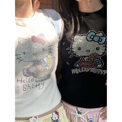 可爱KT猫重工烫钻正肩短袖t恤女