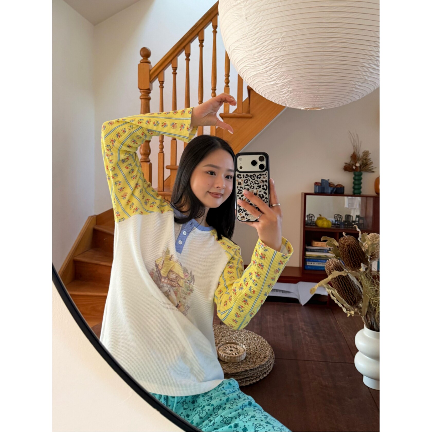 顽季果 童话感~撞色碎花华夫格宽松拼接亨利领长袖T恤女上衣秋季