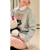 秋冬季 可爱减龄韩系费尔岛奶熊印花宽松休闲圆领加绒卫衣女上衣