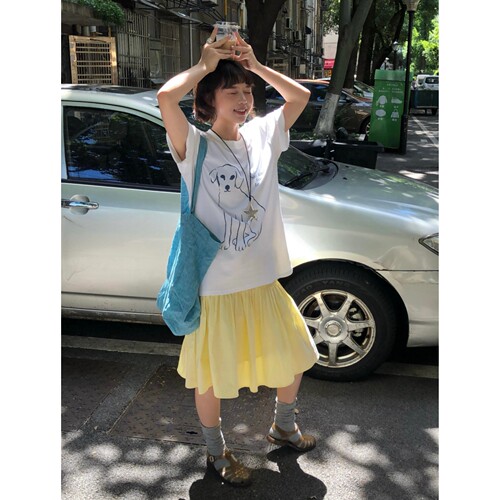 夏季手绘小狗印花宽松短袖女T恤