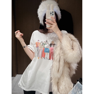 顽季果 韩系简约复古风~彩绘人物印花宽松圆领休闲短袖T恤女上衣