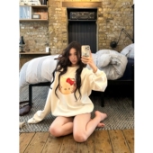 韩系独特随意慵懒风 顽季 果 kitty猫印花宽松休闲圆领女上衣秋冬