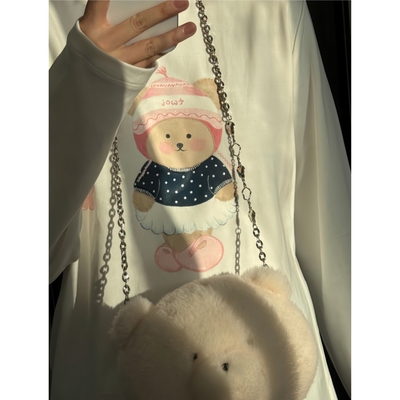 韩系可爱减龄手绘奶熊女长袖T恤