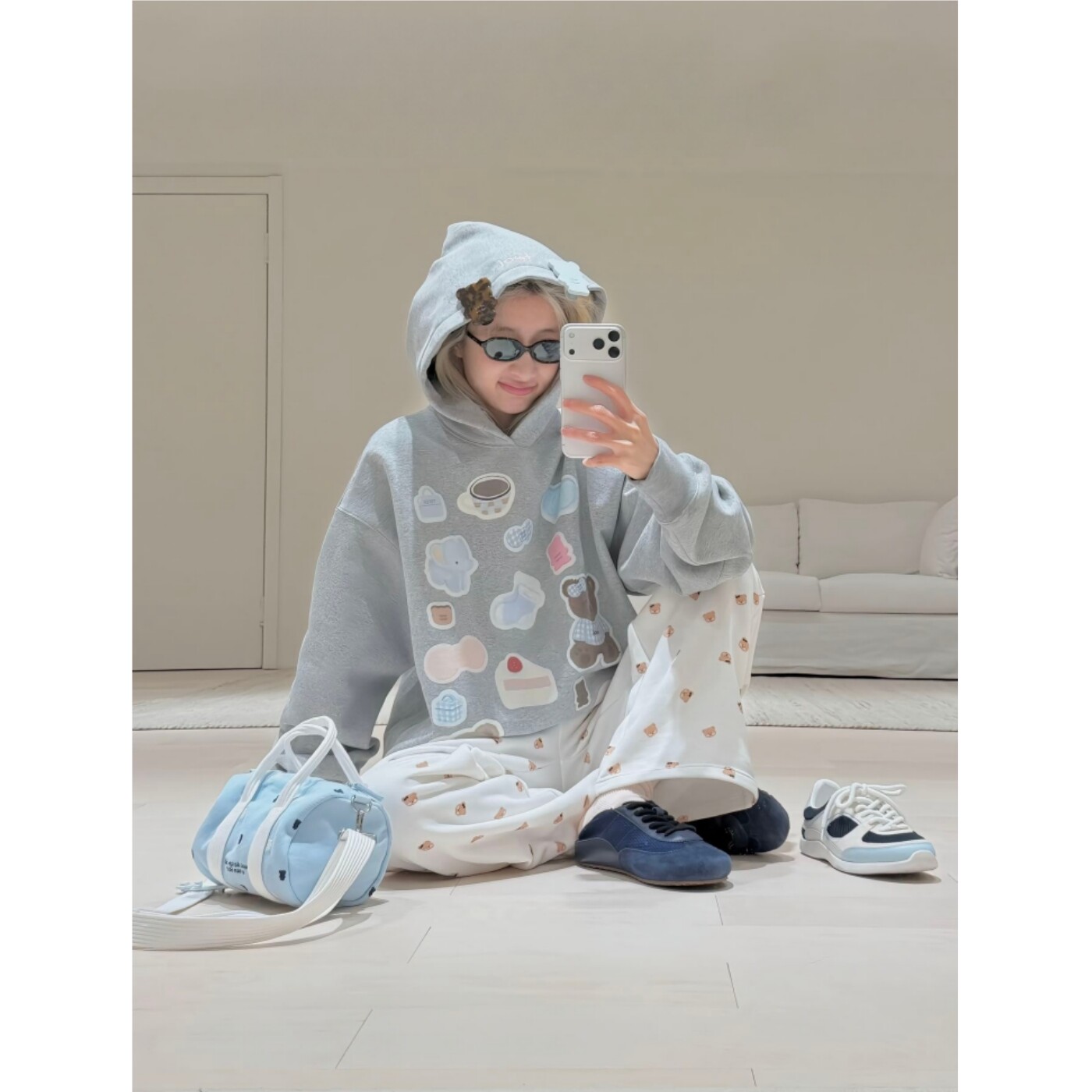 顽季果 可爱奶油风~奶熊贴纸印花宽松帽衫加绒女卫衣小熊休闲长裤,女装/女士精品,卫衣/绒衫,淘宝优惠券,粉丝福利购,淘宝优惠卷