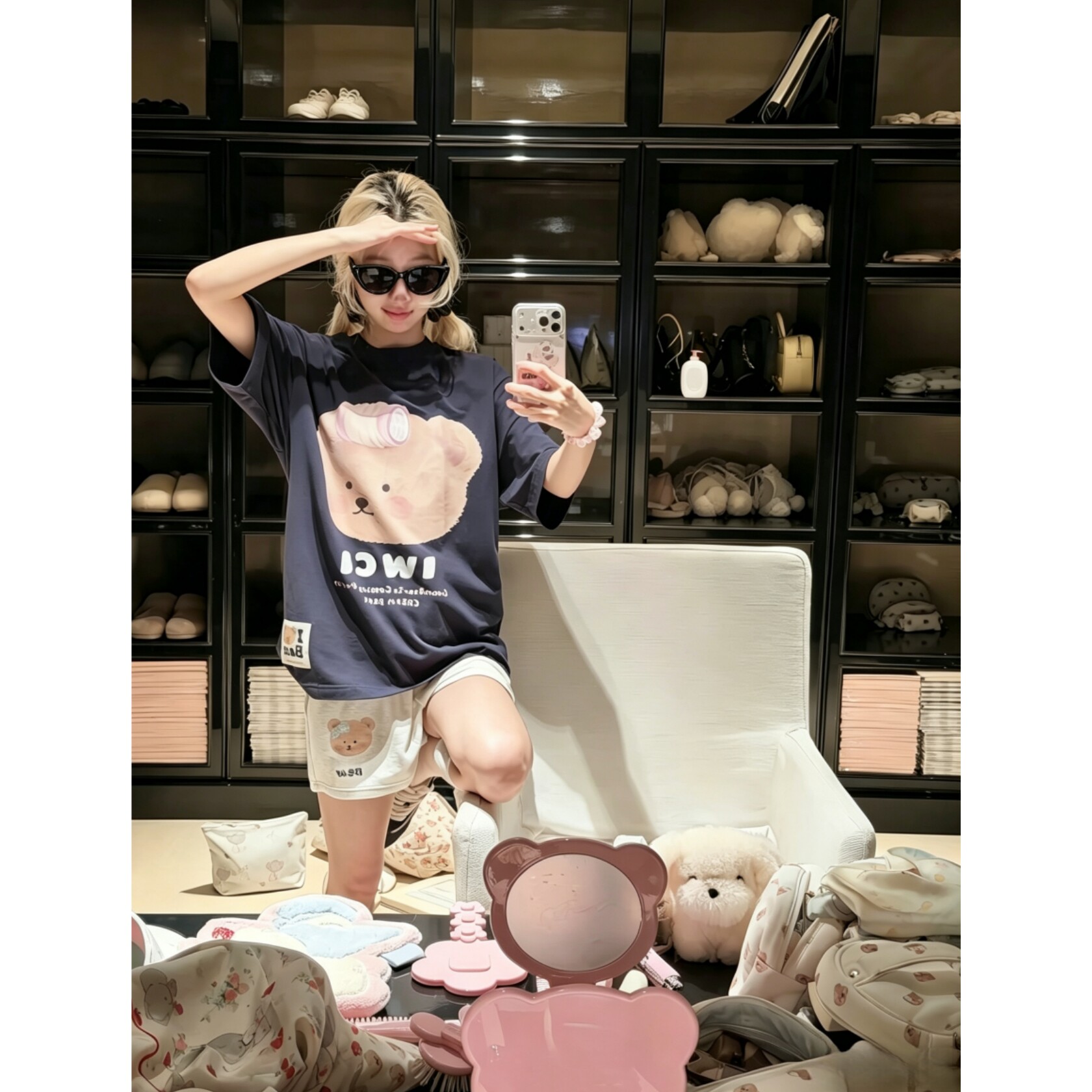 奶fufu乖乖女穿搭~可爱美丽熊印花落肩阔版圆领慵懒宽松短袖女T恤