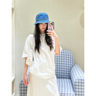 T恤女上衣 清新简约松弛慵懒风纯色居家竹节棉宽松圆领短袖 顽季 果