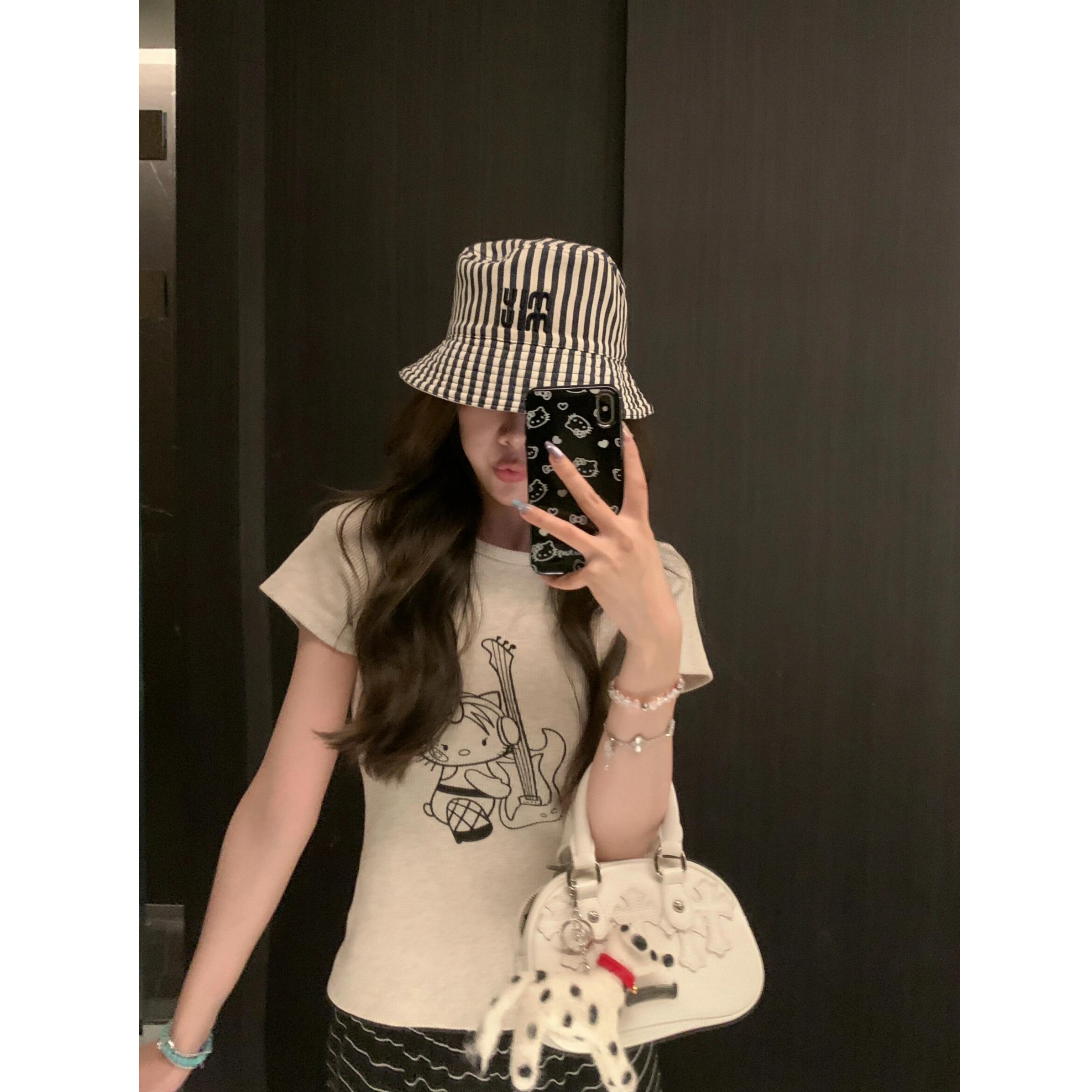 韩系chic 朋克kt猫印花正肩短袖t恤甜美复古圆领修身短款女上衣夏