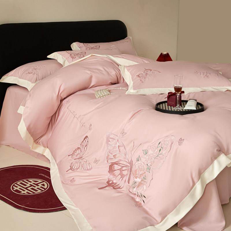 高档轻奢140支全棉刺绣四件套小清新蝴蝶被套水洗棉床笠床上用品4