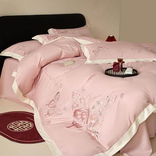 高档轻奢140支全棉刺绣四件套小清新蝴蝶被套水洗棉床笠床上用品4