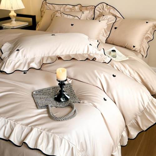 2025新款法式复古风全水洗棉四件套爱心刺绣花边被套床笠床上用品