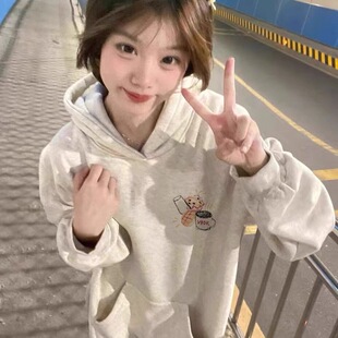 娇笨兔美式 百搭上衣 白灰色连帽卫衣女宽松小个子穿搭2025春秋薄款