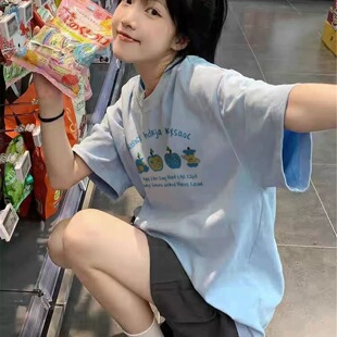 t恤女2025新款 夏季 短袖 爆款 宽松上衣 纯棉蓝色正肩设计感美式 半袖