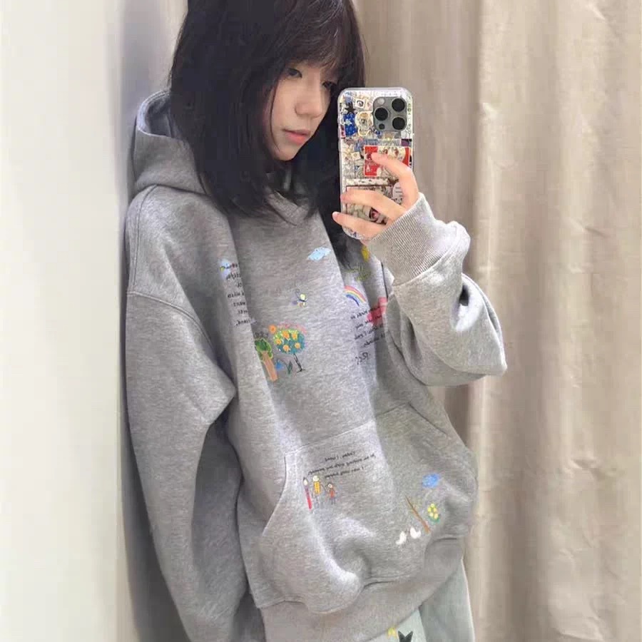 美式设计感小众灰色连帽卫衣女