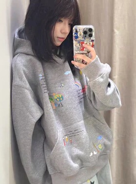 娇笨兔美式设计感小众灰色连帽卫衣女宽松2025春秋新款加绒上衣