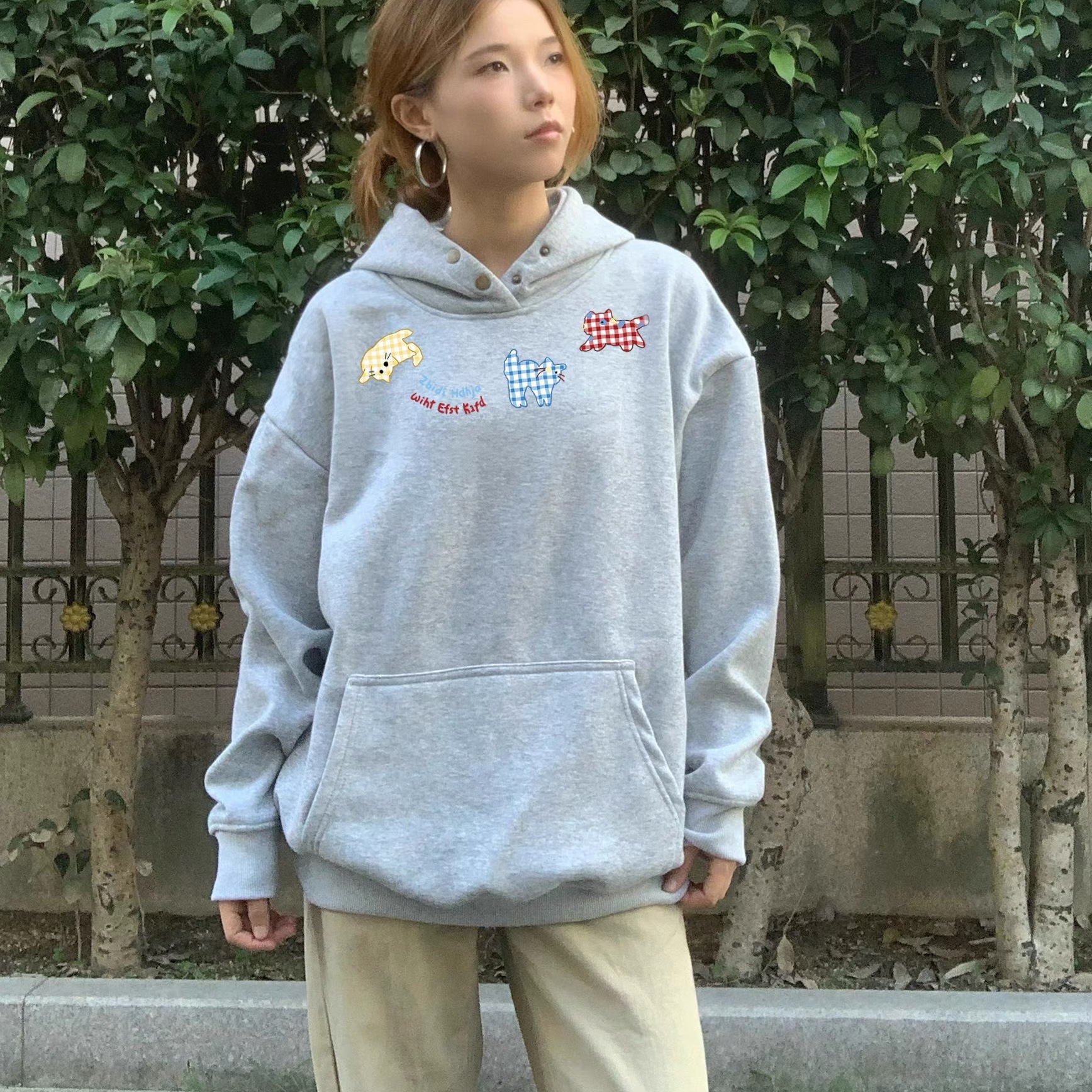 美式小众无绳连帽卫衣女宽松百搭