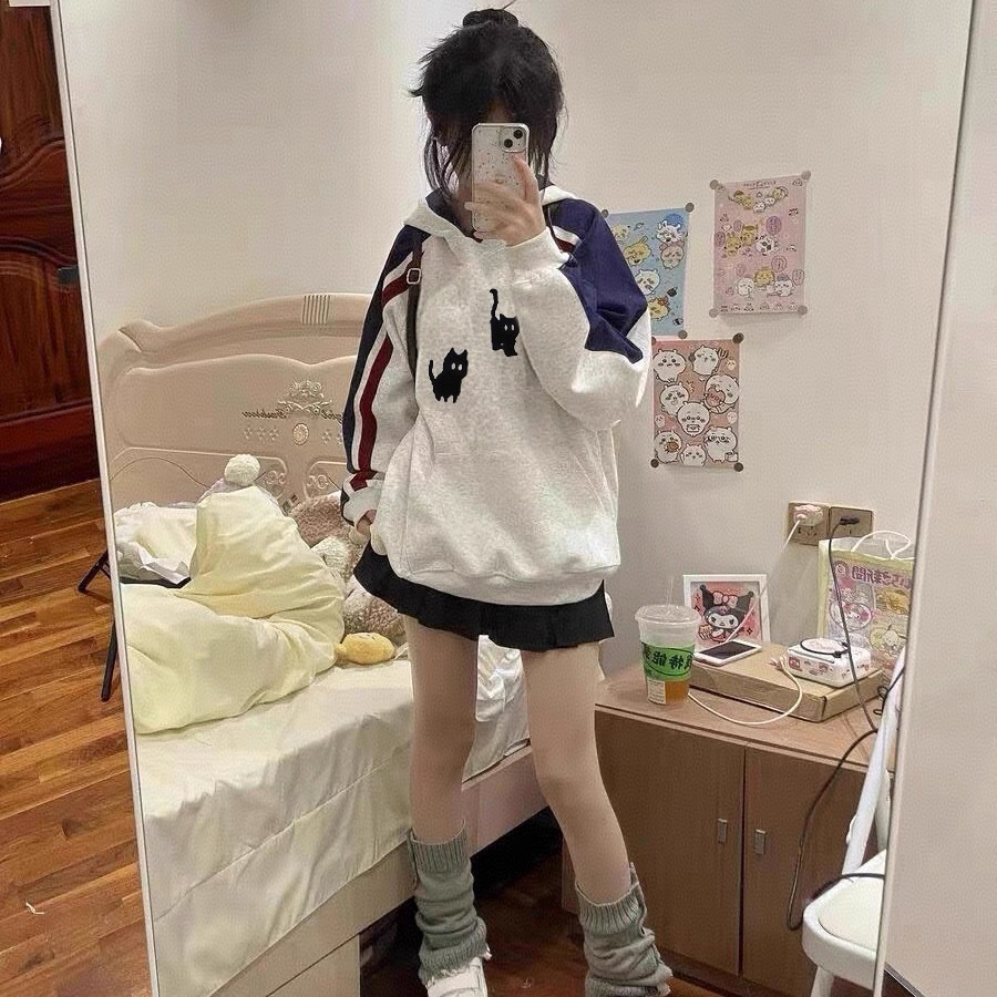 美式设计感小众白灰色拼色卫衣女