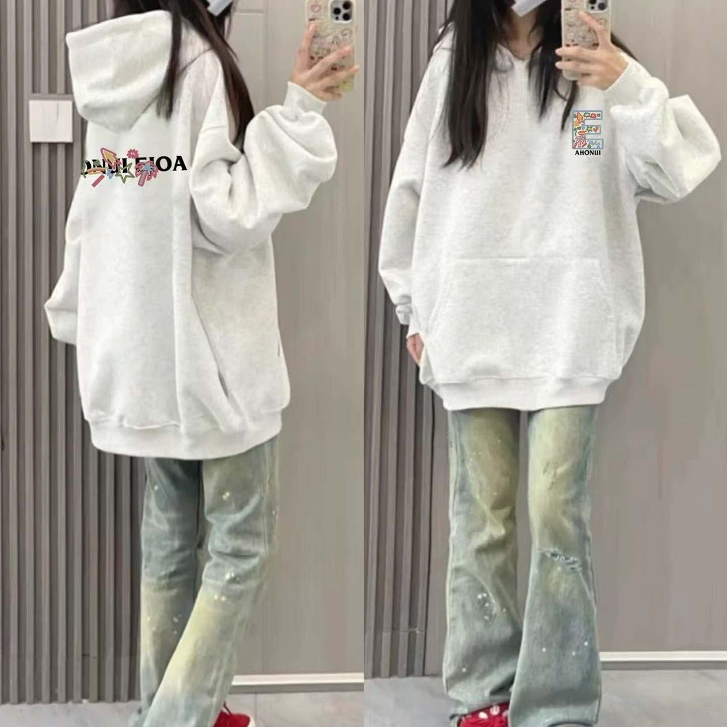 纯棉重磅白灰色连帽卫衣女宽松