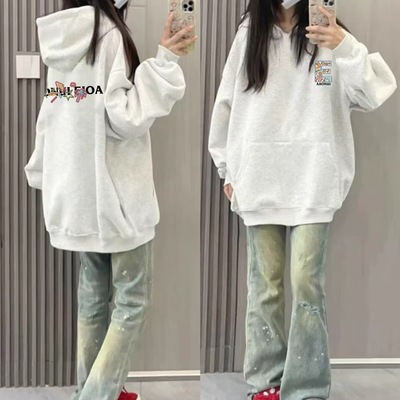 纯棉重磅白灰色连帽卫衣女宽松