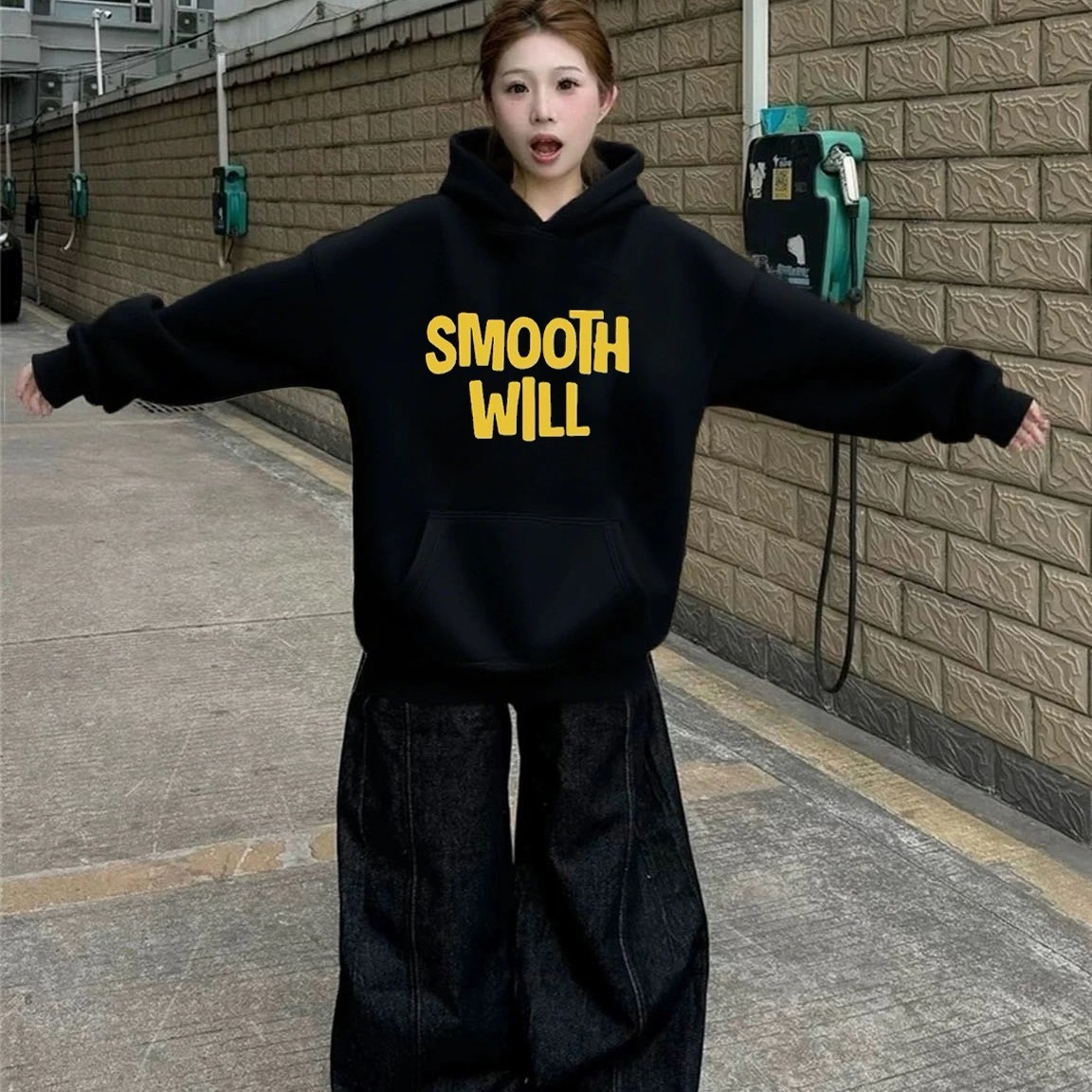 美式慵懒风黑色连帽卫衣女秋冬