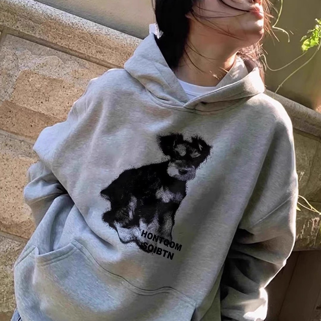 潮牌复古卡通小狗灰色无绳卫衣女