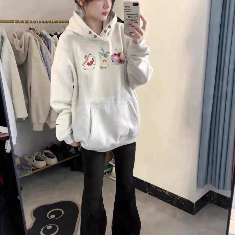 美式卡通白灰色连帽百搭卫衣女