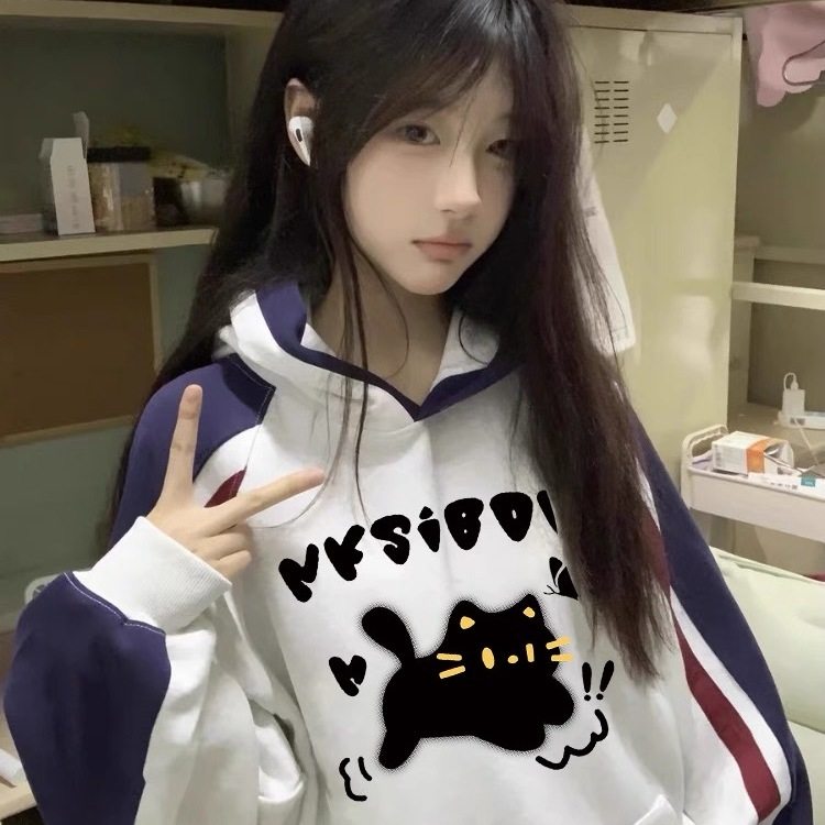 娇笨兔秋冬新款趣味小猫灰色连帽卫衣女宽松美式复古撞色拼接上衣
