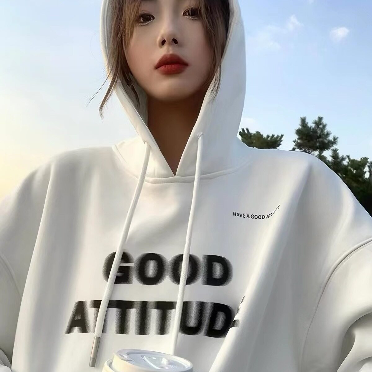 美式潮牌白色慵懒风连帽卫衣女