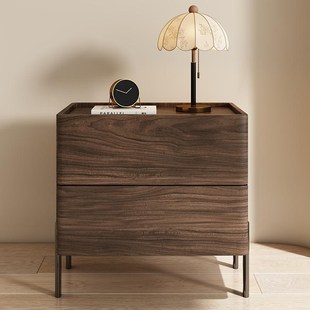 黑胡桃木色床头柜简约现代全实木卧室床边柜抽屉储物收纳柜意式