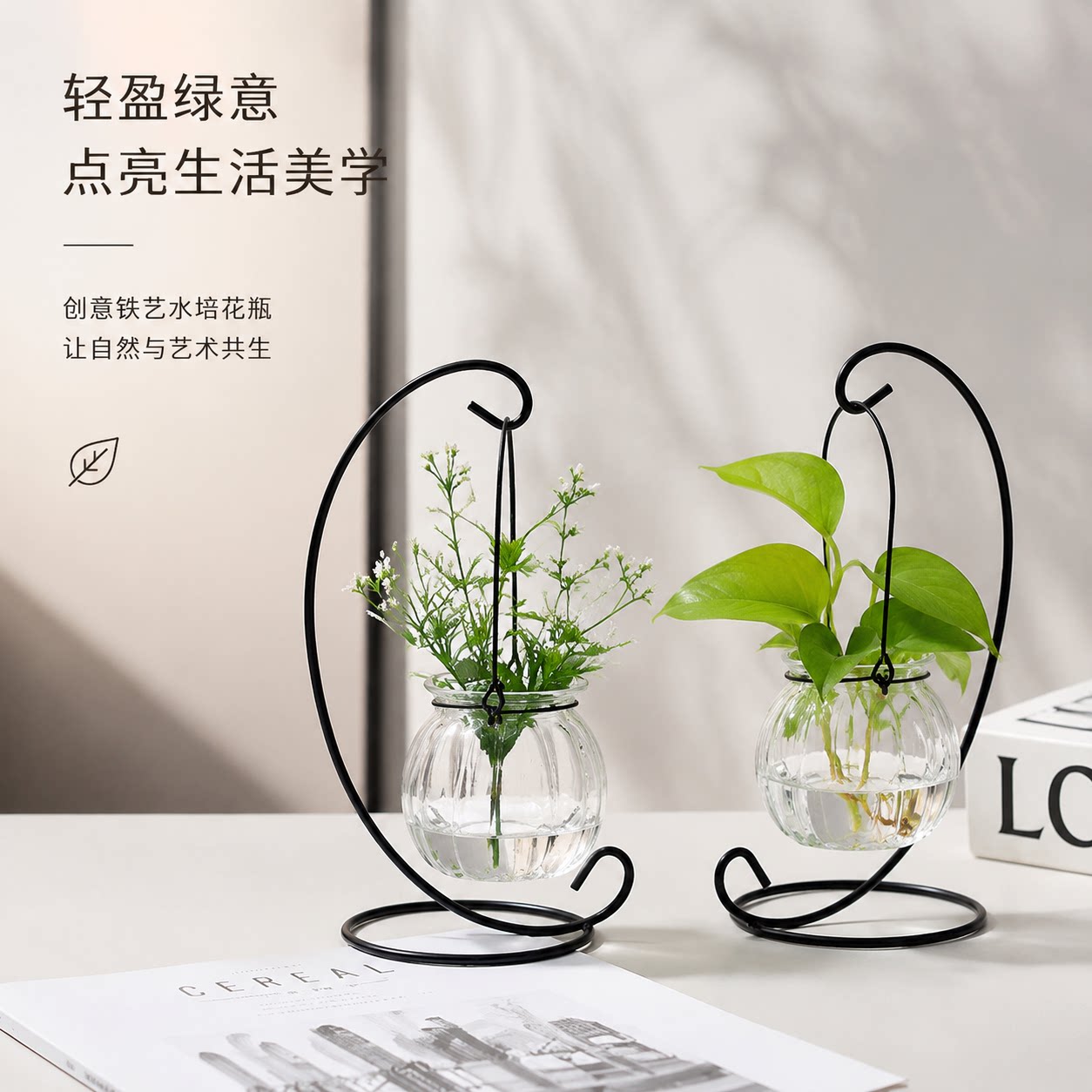 创意铁架水培绿萝玻璃花瓶容器盆