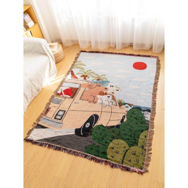 美国订单 ins风狗狗插画 画休闲 毯午睡毯盖毯 纺织装饰毯沙发毯