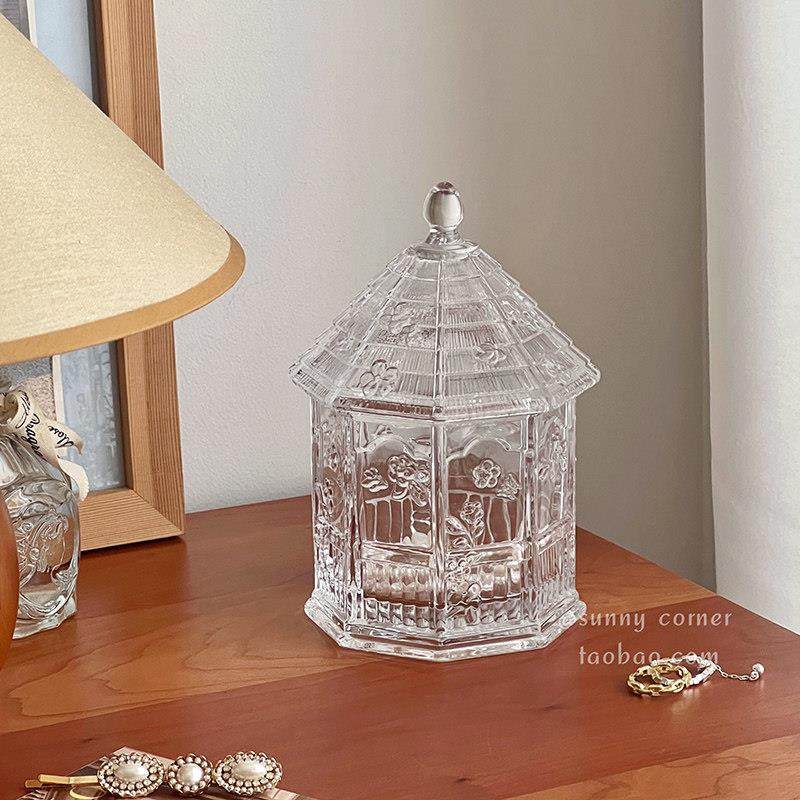 ins覆古水晶玻璃花房收纳罐透明浮雕首饰盒棉棒化妆棉桌面收纳盒,收纳整理,桌面收纳盒,淘宝优惠券,粉丝福利购,淘宝优惠卷