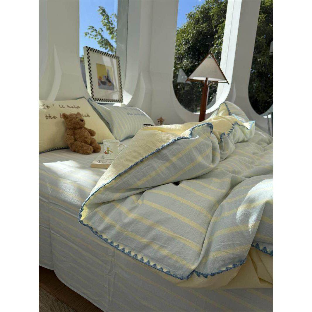 ins简约水洗棉三角针奶黄条纹床上四件套全棉1.5m1.8米被套三件套,床上用品,床品套件/四件套/多件套,淘宝优惠券,粉丝福利购,淘宝优惠卷