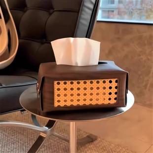 复古藤编纸巾盒客厅家用名宿高档中古木纹收纳盒装饰抽纸盒高级感