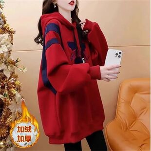 加绒加厚连衣裙 300斤秋冬季 刺绣拼色遮臀中长款 卫衣裙胖MM特大码