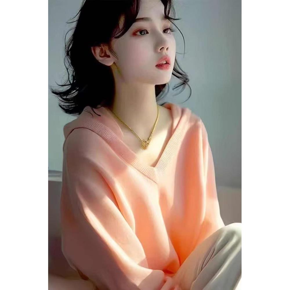 藕粉色连帽毛针织衫2024秋